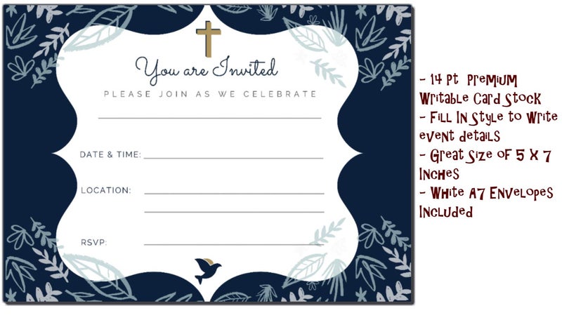 Elcer 25 Religious Invitations Boys & Girls Navy Blue & Gold | Fill in Blank Cards Invites Holy First Communion Baptism Confirmation Christening Reconciliation | 25 ct with envelopes | 5" x 7" - Image 3
